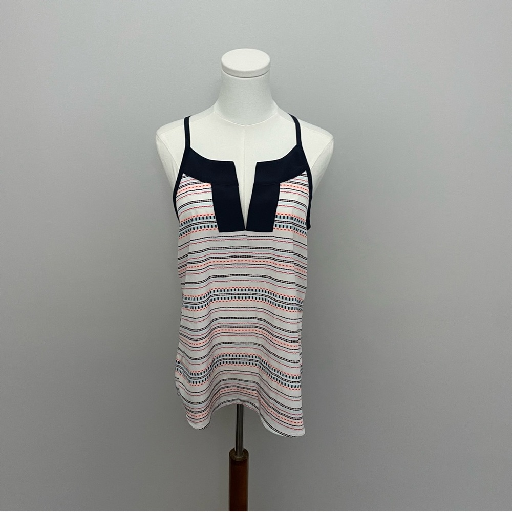 Athleta Dunes Tank Top Racerback Split Neckline Geometric Striped Neon Black